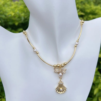 Jewelry Retro Eye Dragonfly Copper Pearl Zircon 18K Gold Plated Plating Inlay Pendant Necklace