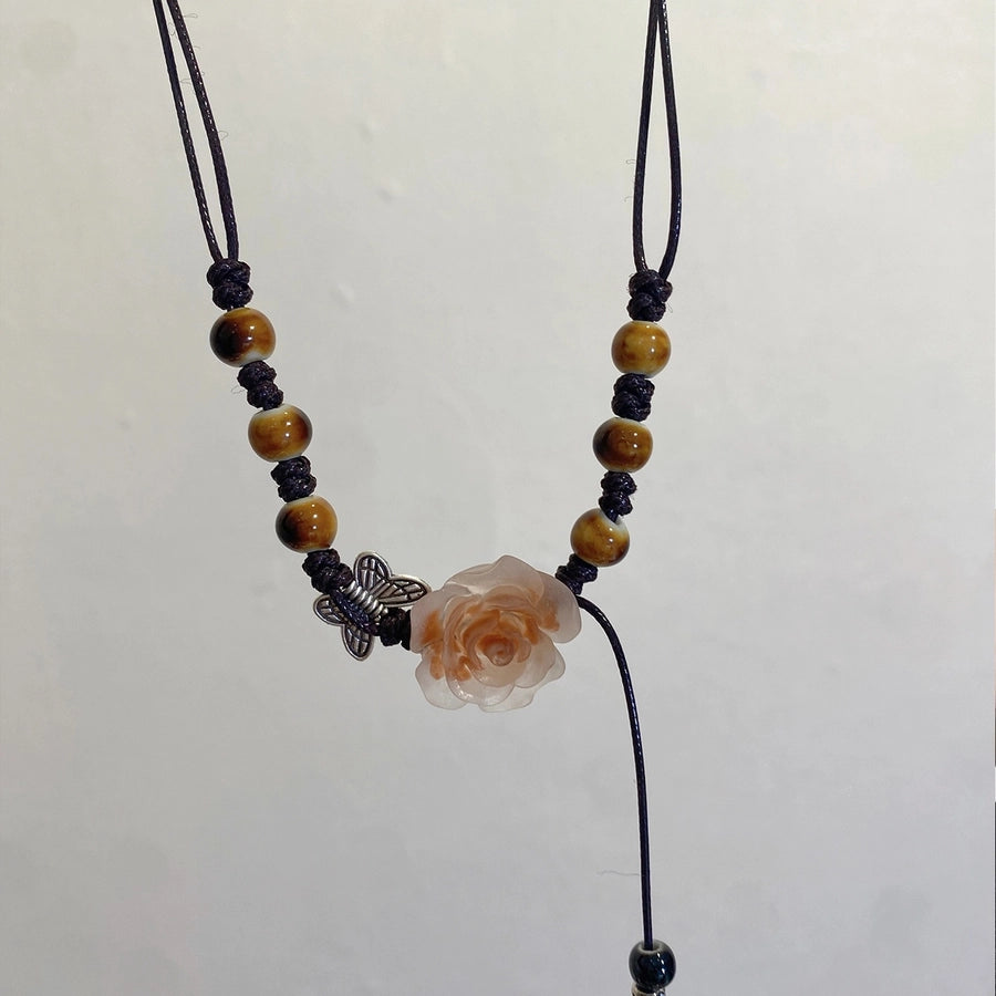 Retro Sweet Flower Synthetic Resin Fabric ceramics  Pendant Necklaces