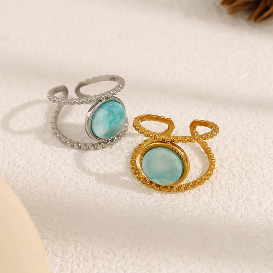 Jewelry Vacation French Style Geometric 304 Stainless Steel Natural Stone 18K Gold Plated Open Rings