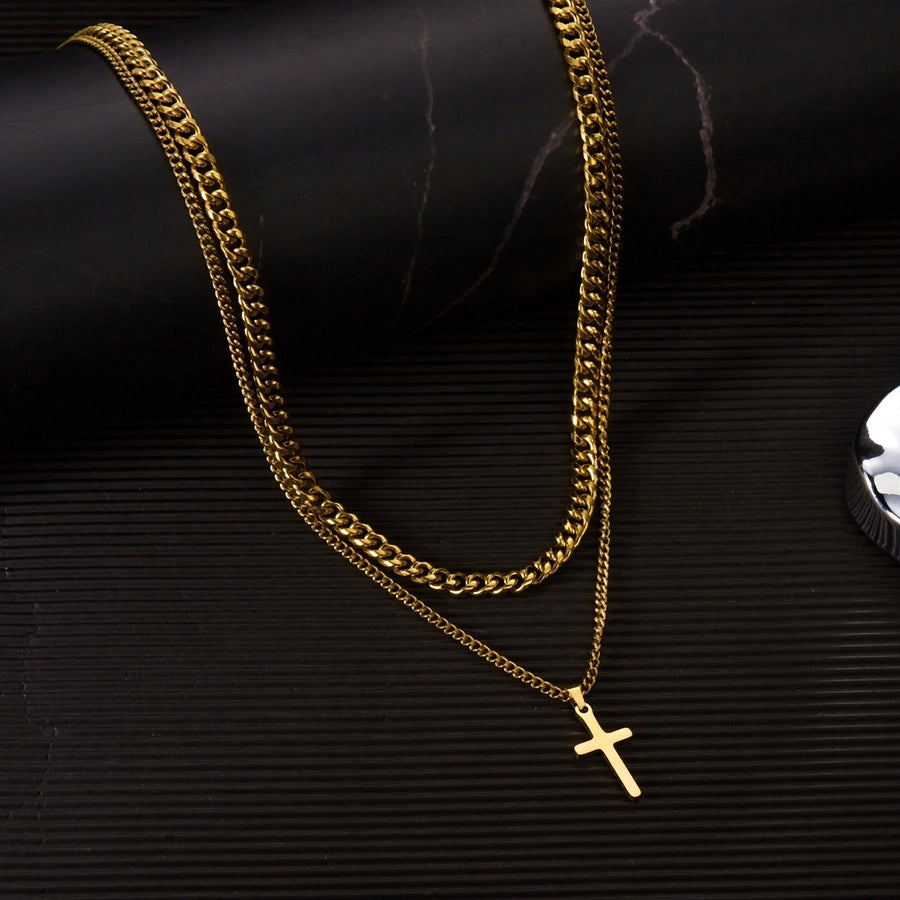 Hip-Hop Cross 201 Stainless Steel Men's Double Layer Necklaces