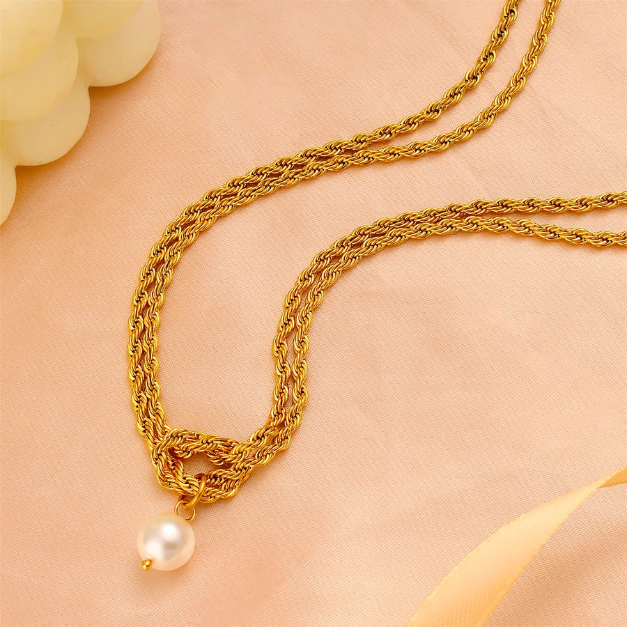 Jewelry Elegant Simple Style Twist 304 Stainless Steel Pearl 18K Gold Plated Plating Inlay Double Layer Necklaces