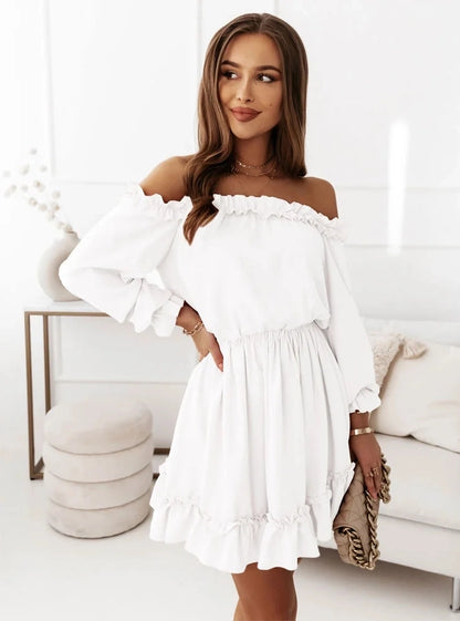 women's regular dress fashion off shoulder patchwork long sleeve solid color above knee daily
