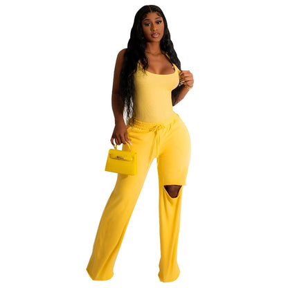 women's streetwear solid color spandex polyester twilled satin patchwork ripped pants sets