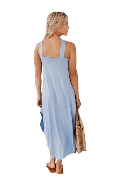 casual solid color halter neck sleeveless patchwork polyester maxi long dress irregular skirt