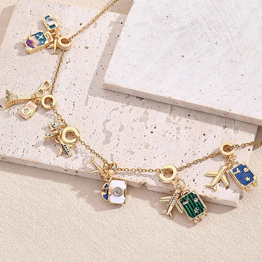 1 Piece 27mm 30mm 32mm Hole 4~4.9mm Copper Zircon 18K Gold Plated Eiffel Tower Camera Airplane Beads Jewelry Accessories