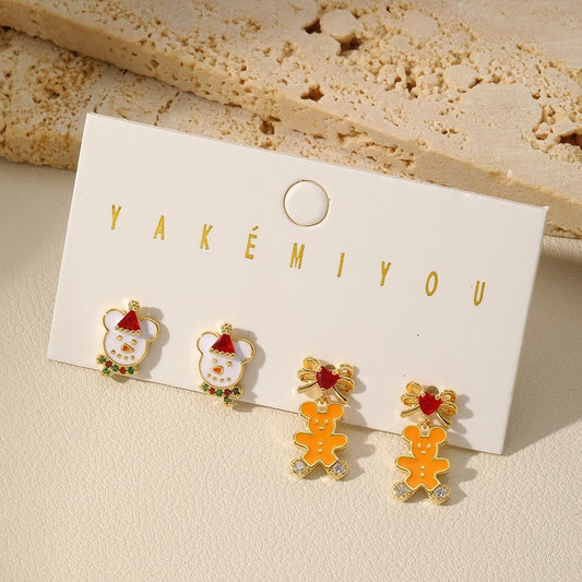1 Set Cute Bear Enamel Plating Inlay Copper Zircon 14K Gold Plated Ear Studs