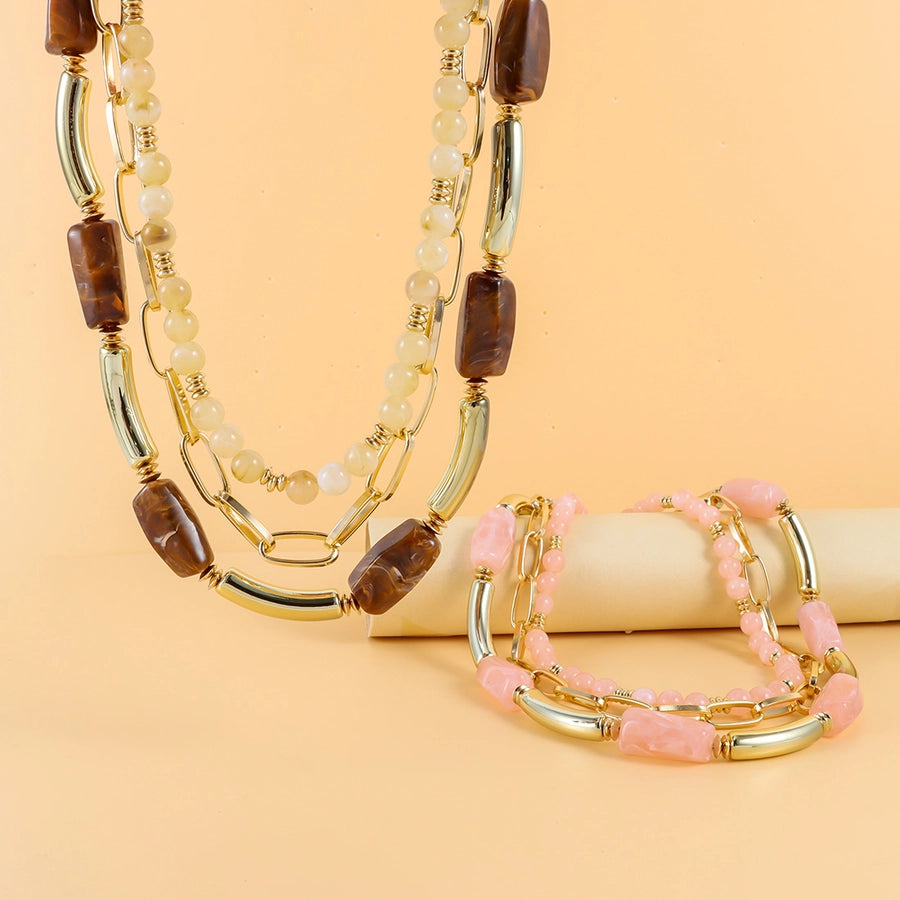 Retro Geometric Arylic Alloy Beaded Chain Paperclip Chain Layered Necklaces