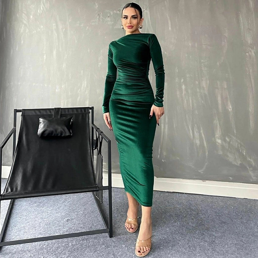 Women's Sheath Dress Casual Boat Neck Long Sleeve Solid Color Maxi Long Dress Daily