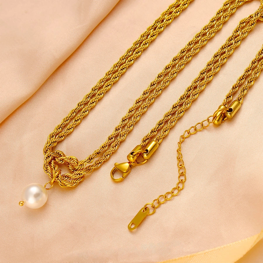 Jewelry Elegant Simple Style Twist 304 Stainless Steel Pearl 18K Gold Plated Plating Inlay Double Layer Necklaces