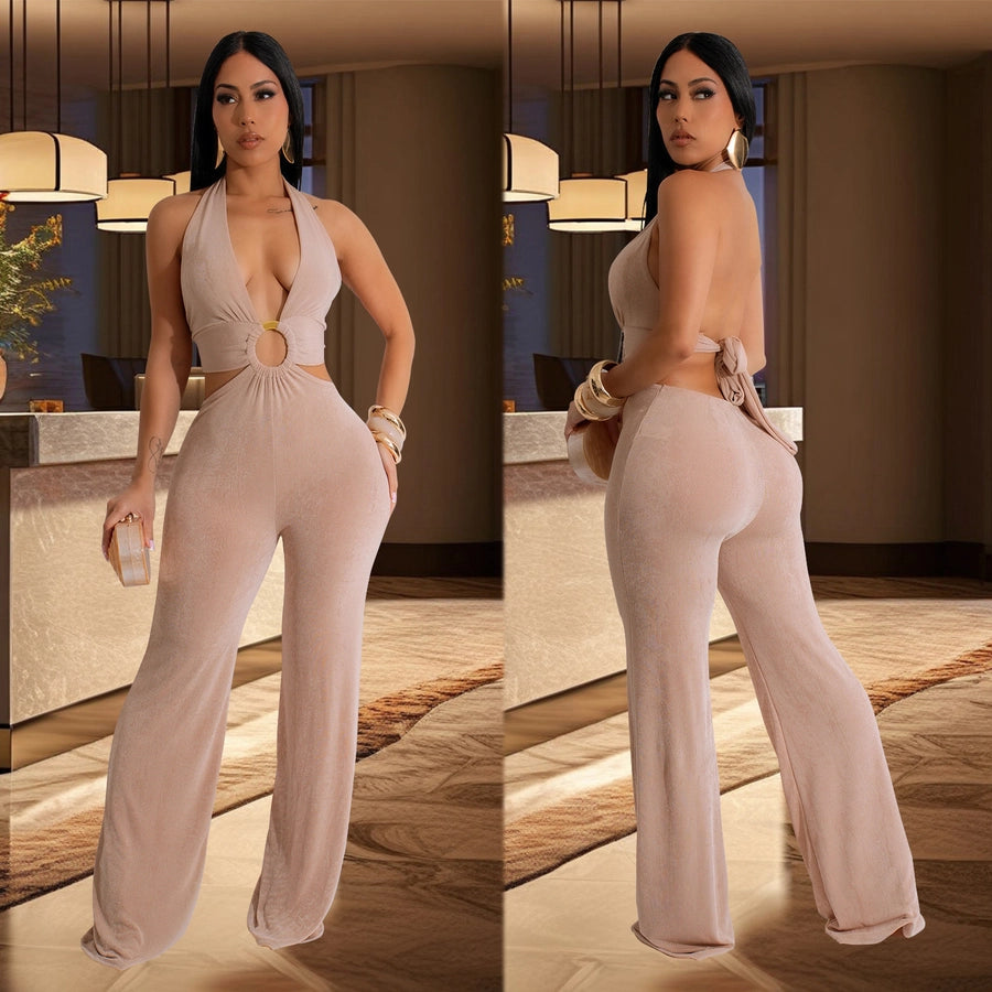 Women's Holiday Banquet Sexy Solid Color Full Length Jumpsuits