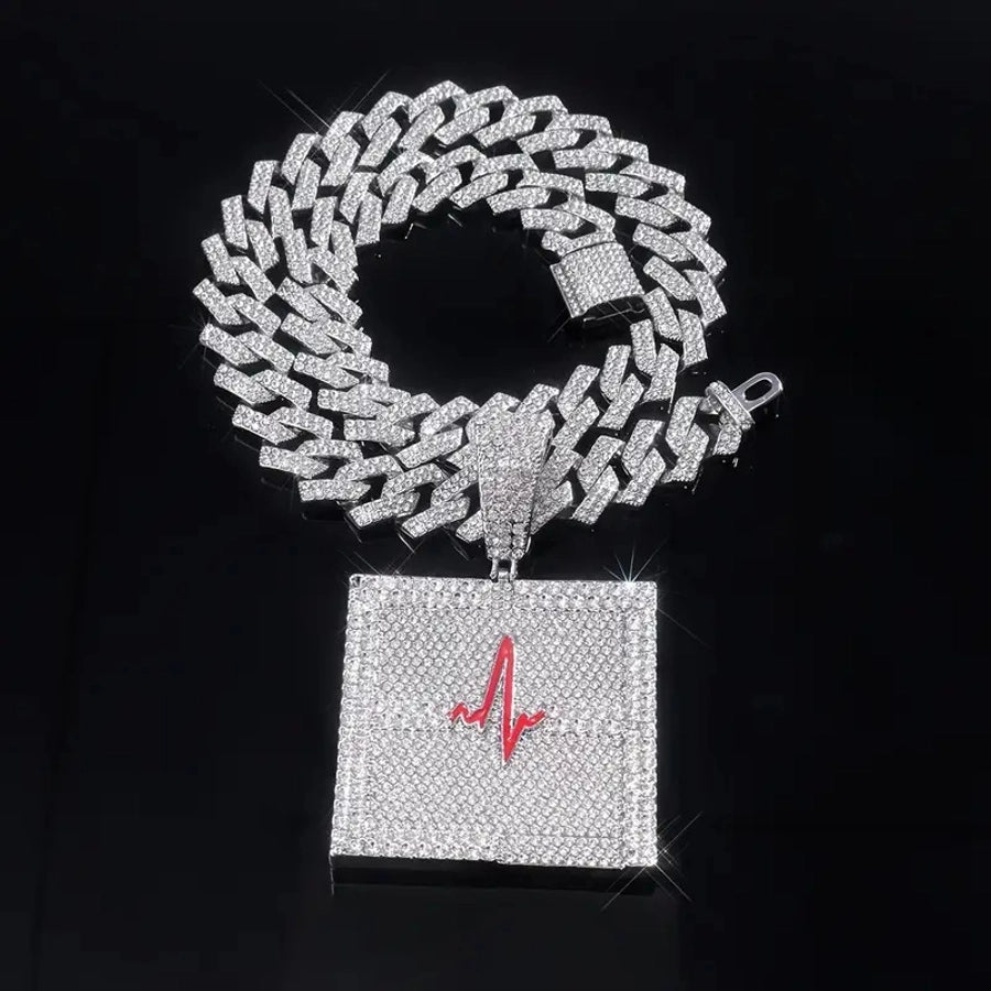 Cross-Border New Arrival European and American Hip Hop Style Dripping Oil Full Diamond Heartbeat Pulse Pendant Necklace High Quality Men's Cuban Link Chain