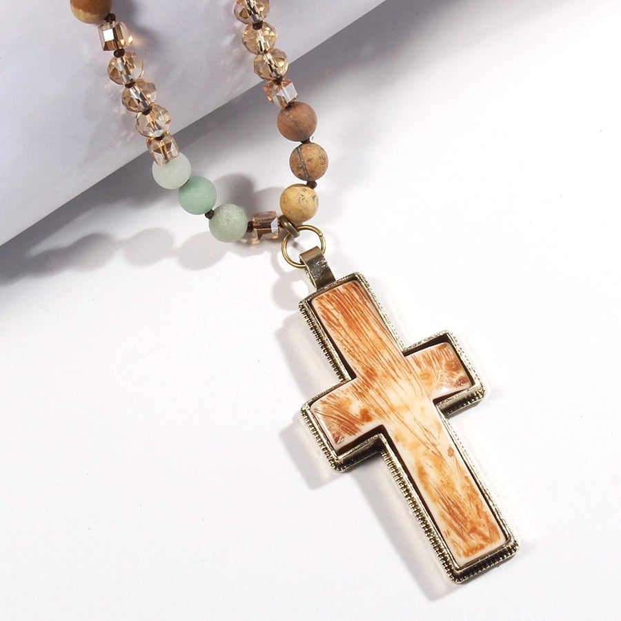 Retro Geometric Cross Semi-precious stone Alloy Resin Beaded Chain Pendant Necklace Long Necklace In Bulk Natural stone necklace
