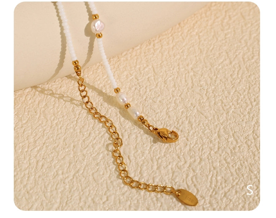 Jewelry Vintage Style Luxurious French Style Round Titanium Steel Freshwater Pearl Glass Stone 18K Gold Plated Beaded Polishing Plating Necklace