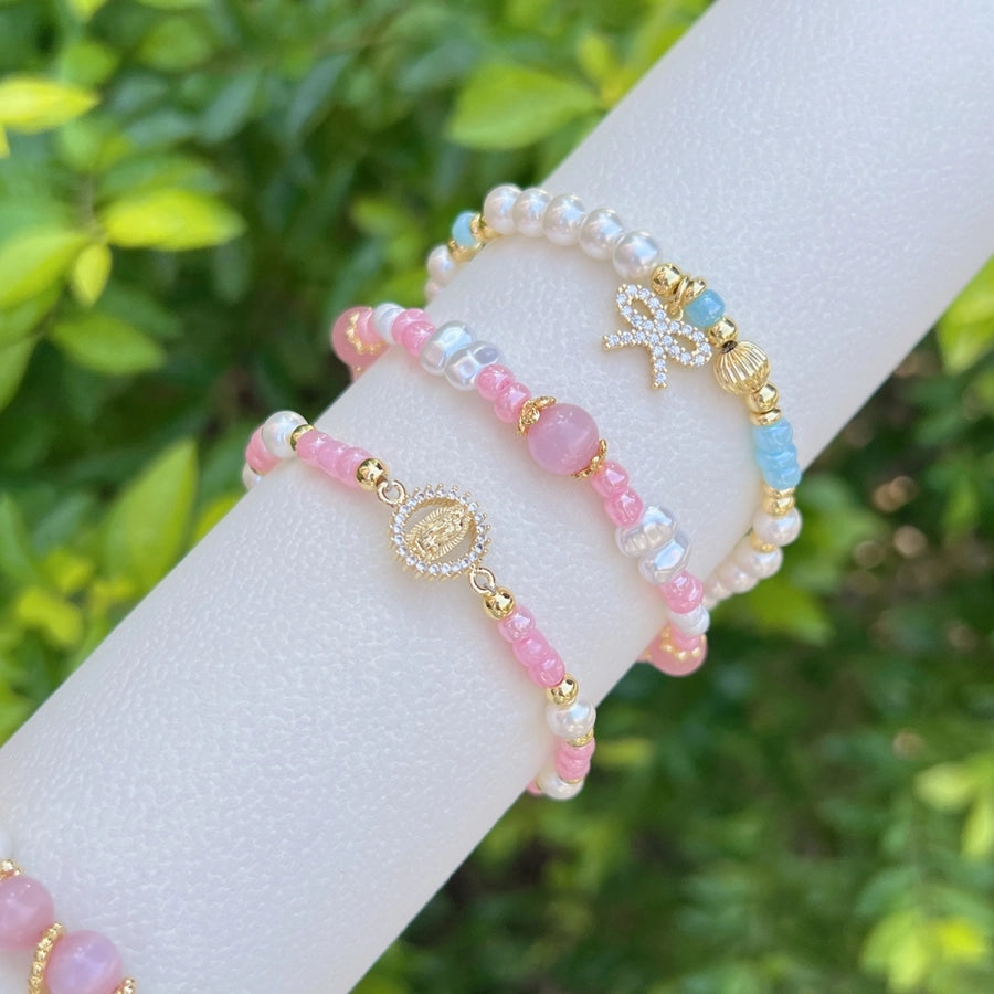 Sweet Flower Butterfly Bow Knot 18K Gold Plated Zircon Imitation Pearl Copper ball chain Beaded Bracelets