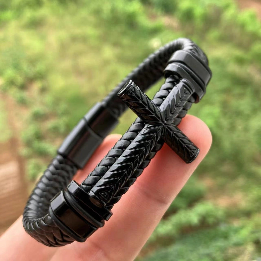 Streetwear Cross Pu Leather Woven Chain Wrap Bracelets