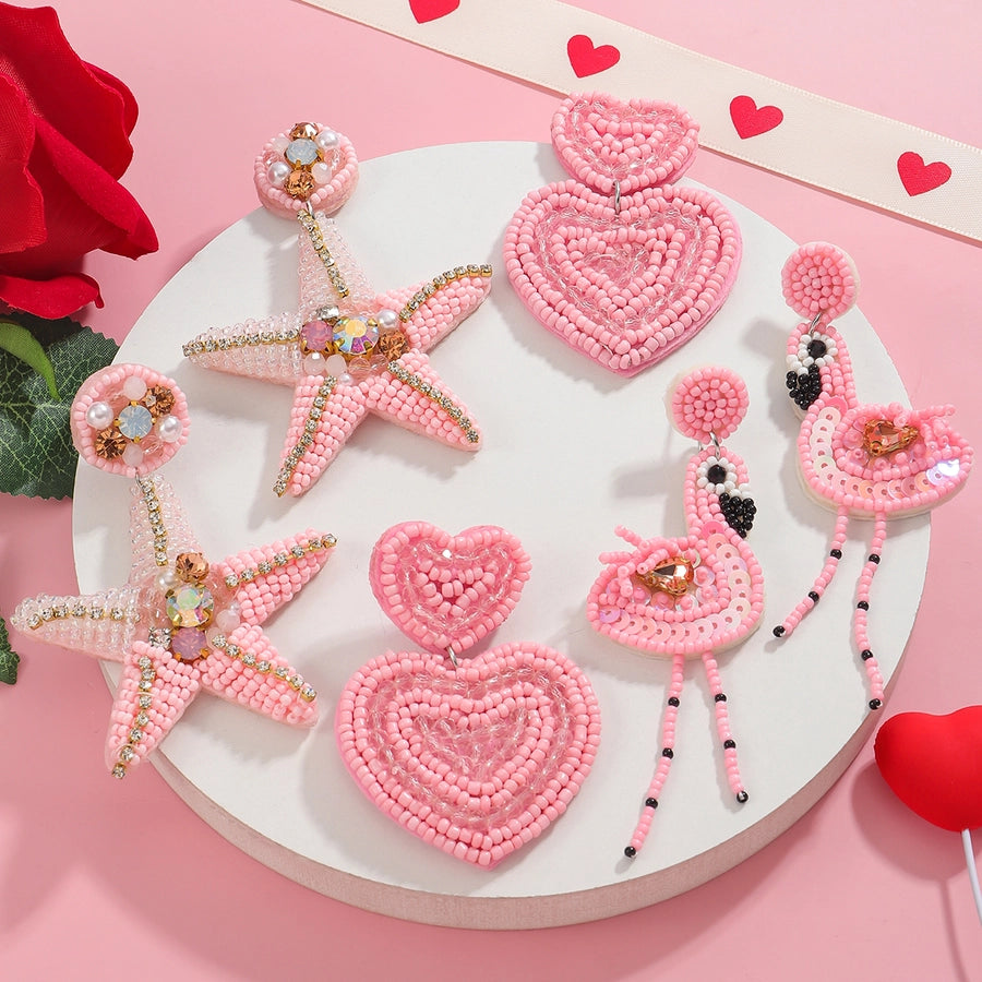 1 Pair Sweet Flamingo Heart Shape Cloth Earrings