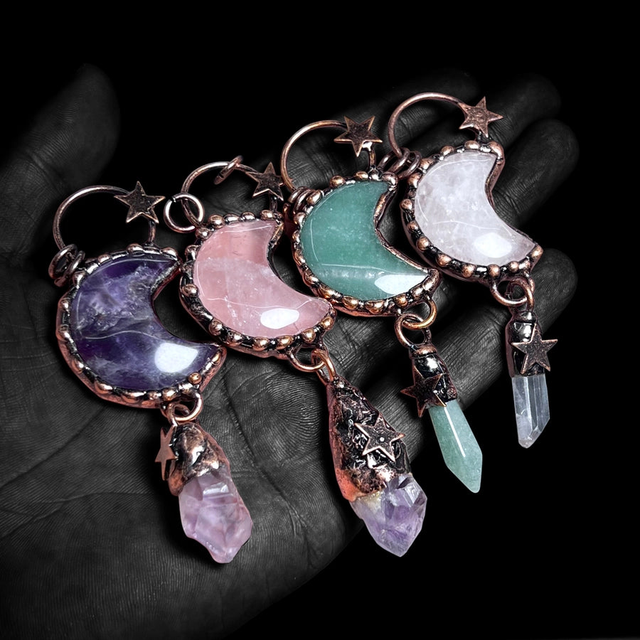 1 Piece 35*91mm Crystal Green aventurine Natural Stone Crystal Star Moon Pendant Jewelry Accessories