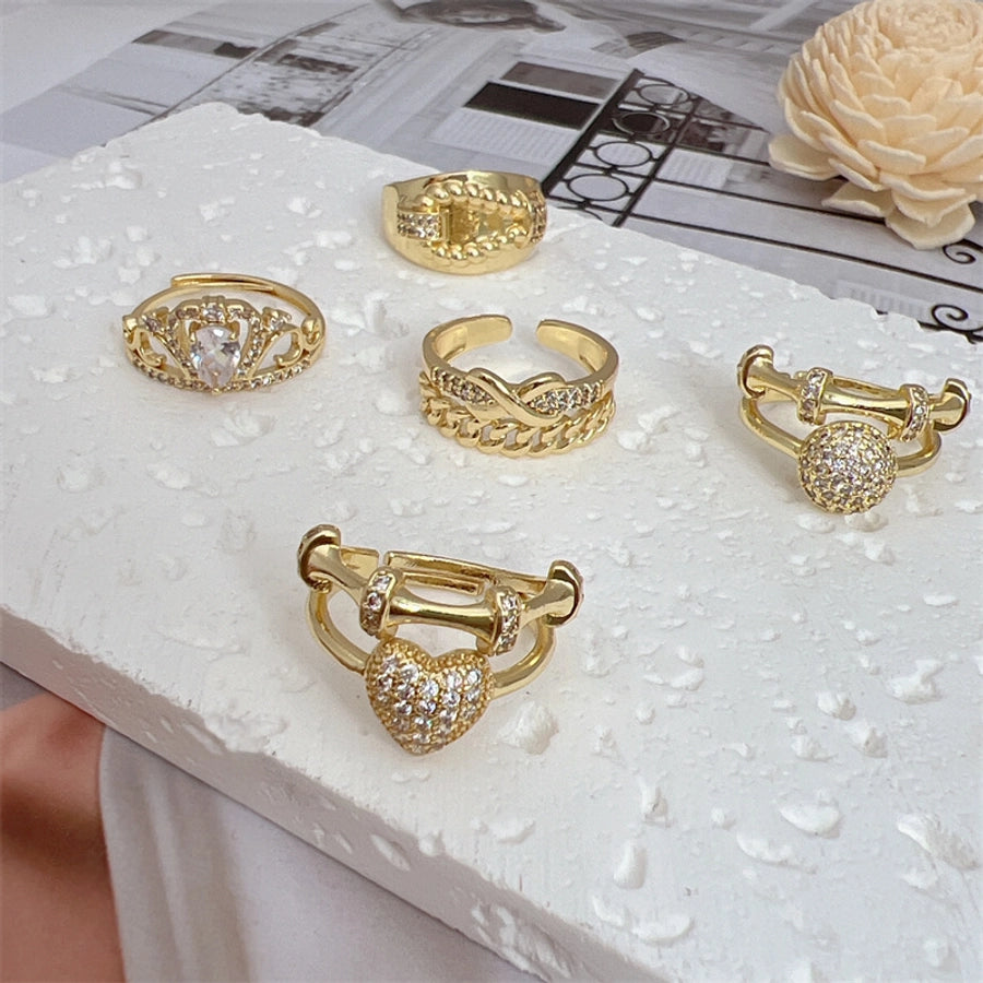 Copper 18K Gold Plated Heart Shape Crown Zircon Open Rings