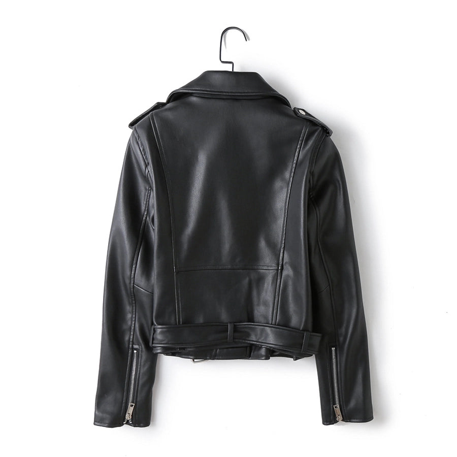 Women's Preppy Style Solid Color Zipper Leather Jacket Casual Jacket