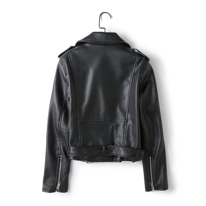 Women's Preppy Style Solid Color Zipper Leather Jacket Casual Jacket