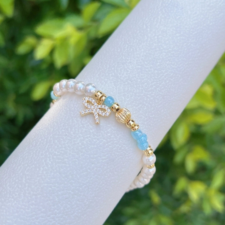 Sweet Flower Butterfly Bow Knot 18K Gold Plated Zircon Imitation Pearl Copper ball chain Beaded Bracelets