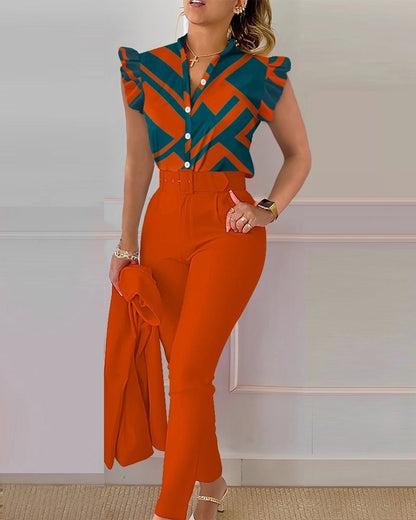 women's business fashion printing polyester printing pants sets