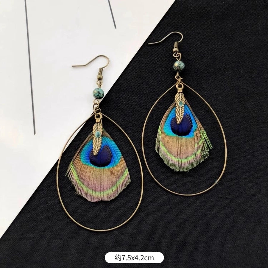 1 Pair Vintage Style Geometric Tassel Alloy Feather Drop Earrings