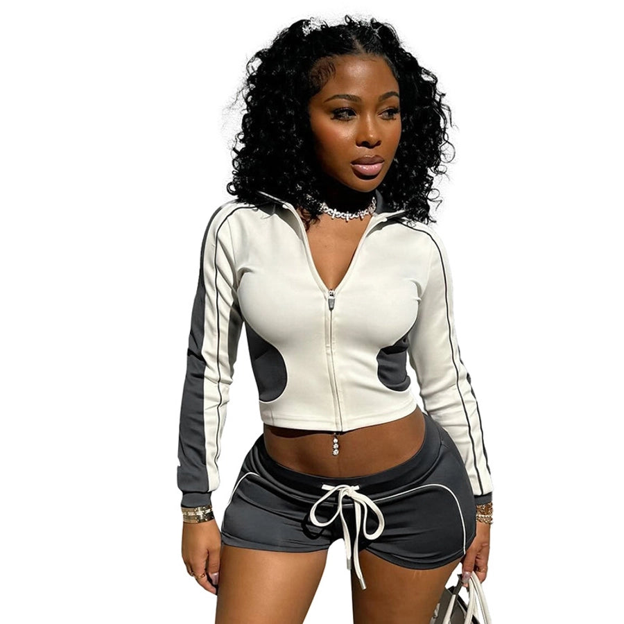 Daily Women's Streetwear Contrast Collar Spandex Polyester Twilled Satin Shorts Sets Shorts Sets