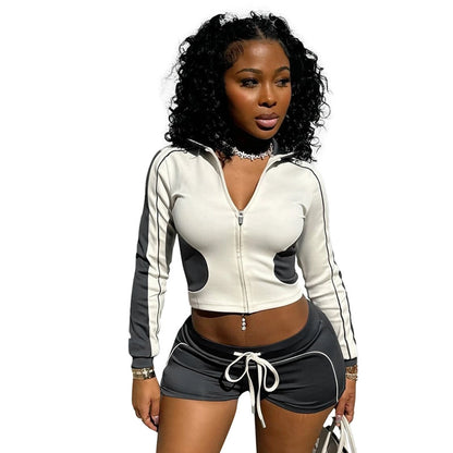 Daily Women's Streetwear Contrast Collar Spandex Polyester Twilled Satin Shorts Sets Shorts Sets