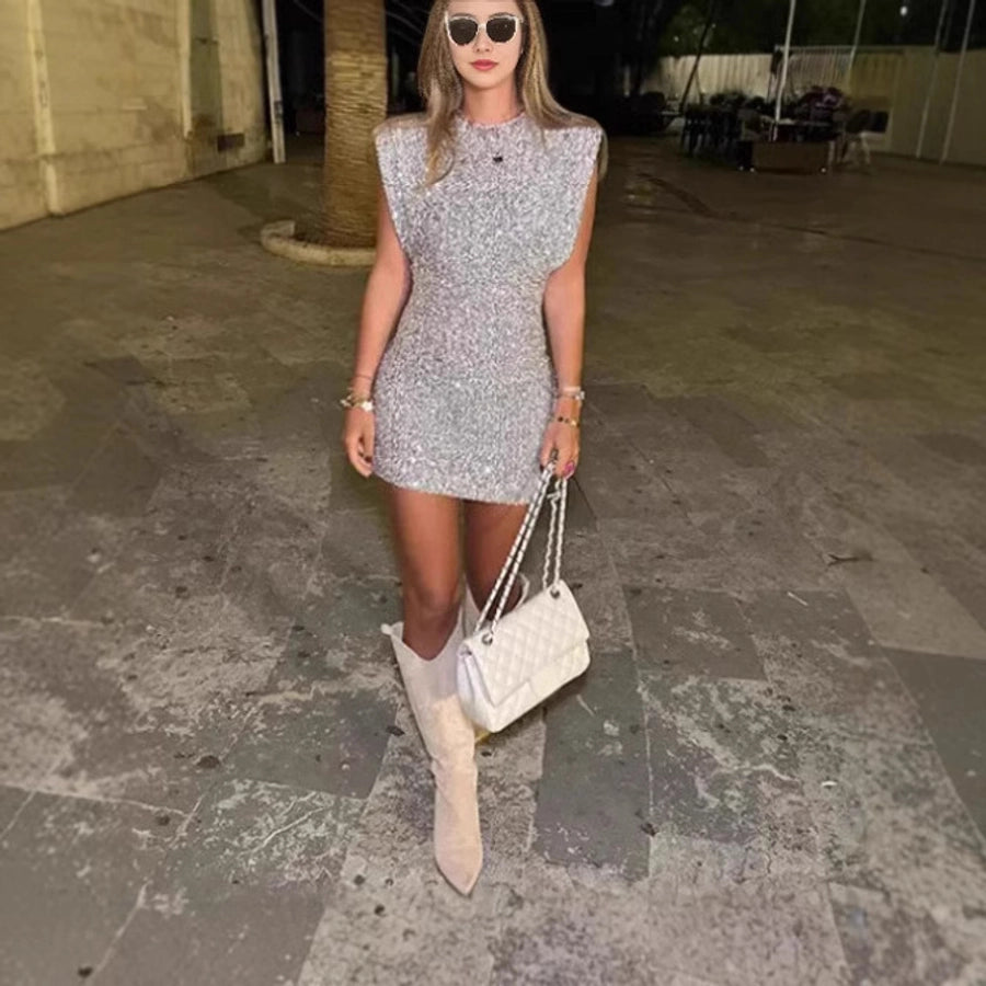 Women's Sheath Dress Elegant Round Neck Sequins Sleeveless Solid Color Above Knee Banquet