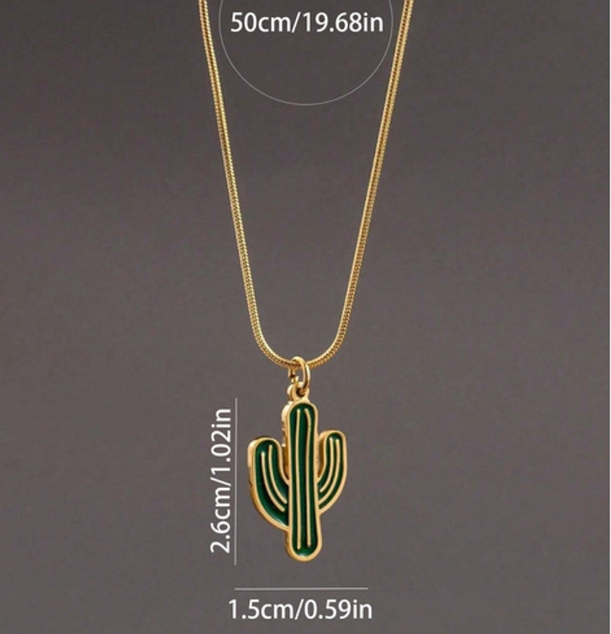 1Pc Men's Stainless Steel Gold Necklace Plant Green Cactus Pendant Necklace Unique Men's Gift Suitable for Daily Match Party Decoration Accessories