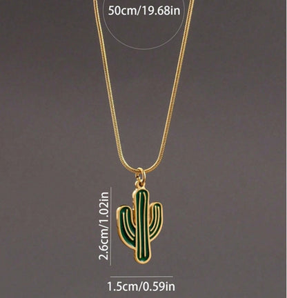 1Pc Men's Stainless Steel Gold Necklace Plant Green Cactus Pendant Necklace Unique Men's Gift Suitable for Daily Match Party Decoration Accessories
