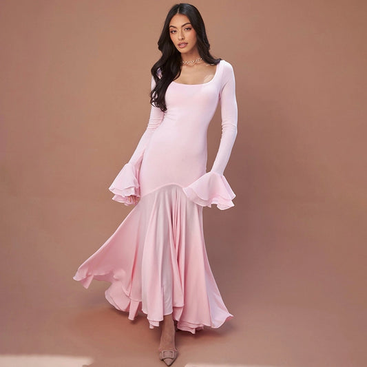 Women's Sheath Dress Streetwear Square Neck Long Sleeve Solid Color Maxi Long Dress Daily