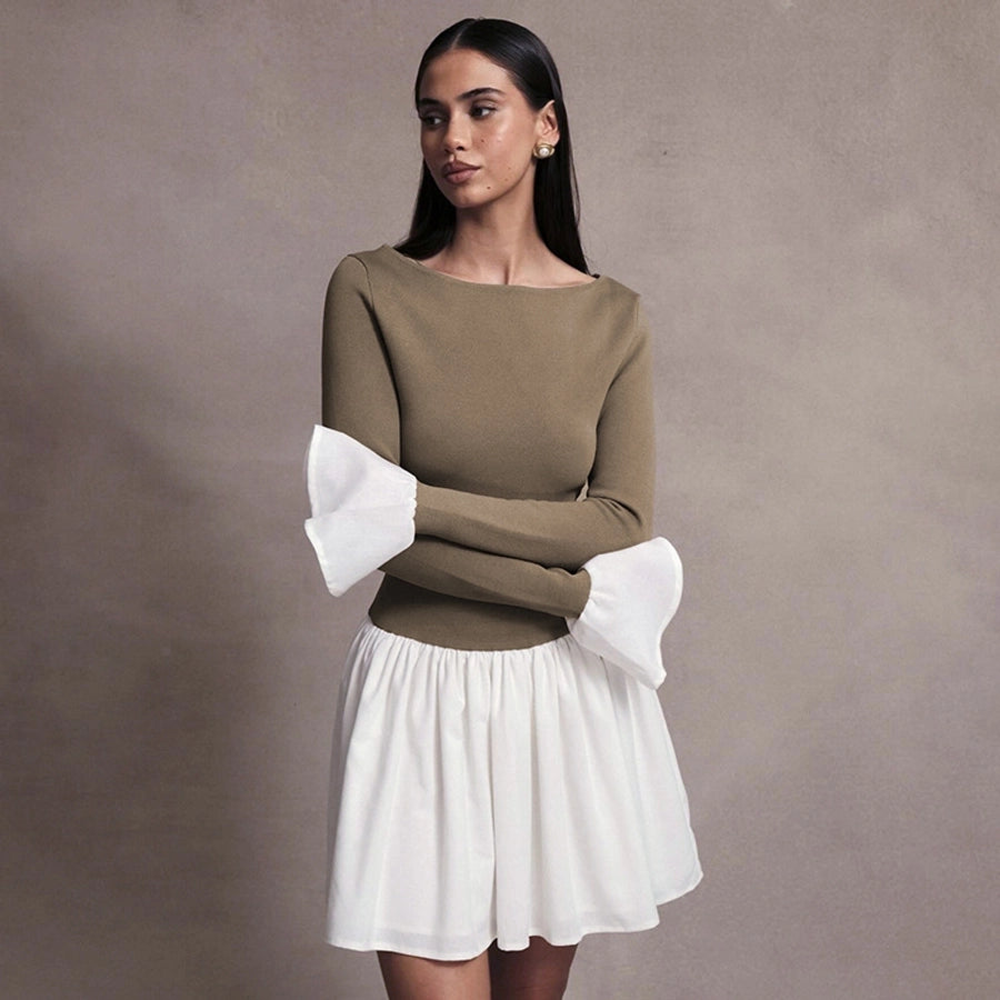 Women's Sheath Dress Streetwear Boat Neck Contrast Binding Long Sleeve Contrast Binding Above Knee Daily