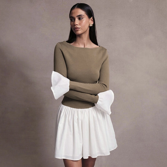 Women's Sheath Dress Streetwear Boat Neck Contrast Binding Long Sleeve Contrast Binding Above Knee Daily
