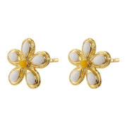 Golden White Dripping Oil Five Petal Flower Ear Studs 1 Pair