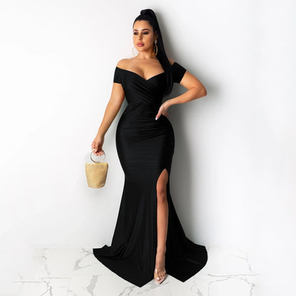 women's party dress elegant v neck short sleeve solid color maxi long dress evening party