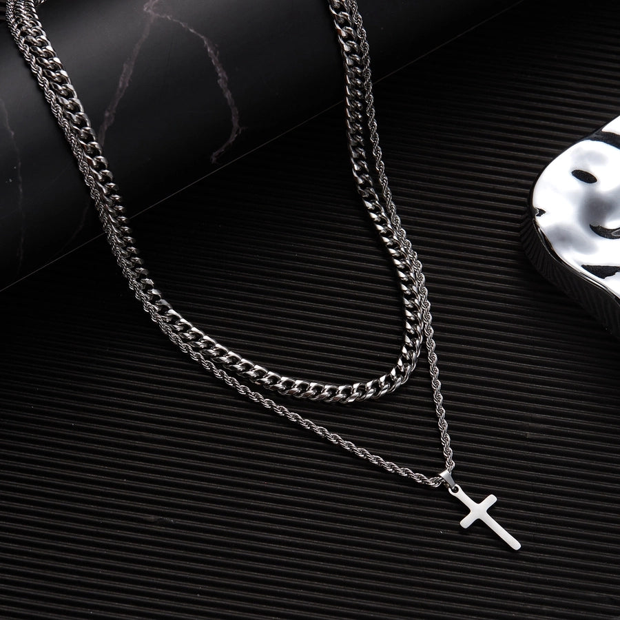Hip-Hop Cross 201 Stainless Steel Men's Double Layer Necklaces
