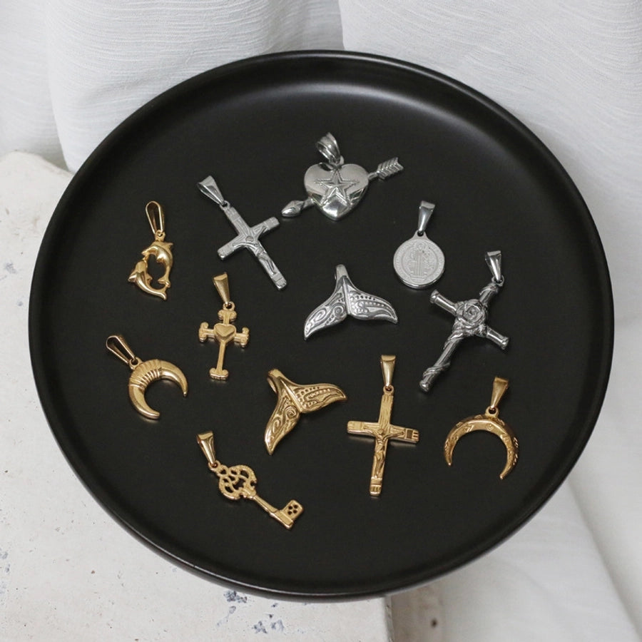 1 Piece Titanium Steel Cross Moon Fish Tail Pendant