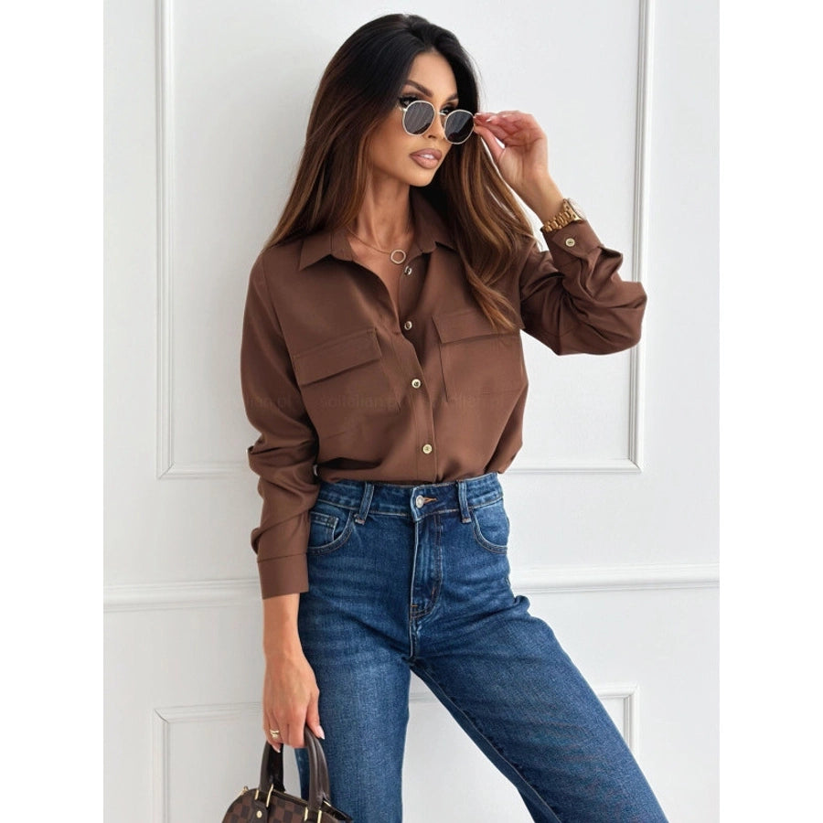 Blouse Long Sleeve Blouses Button Streetwear Solid Color