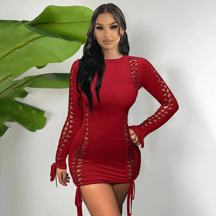 Women's Hip skirt Streetwear Round Neck Long Sleeve Solid Color Above Knee Holiday