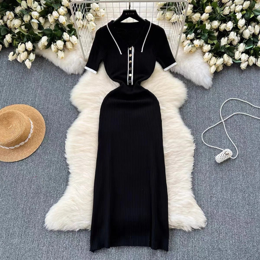 Women's Sheath Dress Elegant Turndown Short Sleeve Stripe Midi Dress Daily