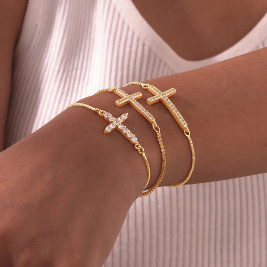 Jewelry IG Style Cross Copper Zircon 18K Gold Plated Inlay Bracelets