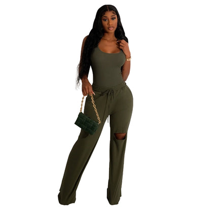 women's streetwear solid color spandex polyester twilled satin patchwork ripped pants sets