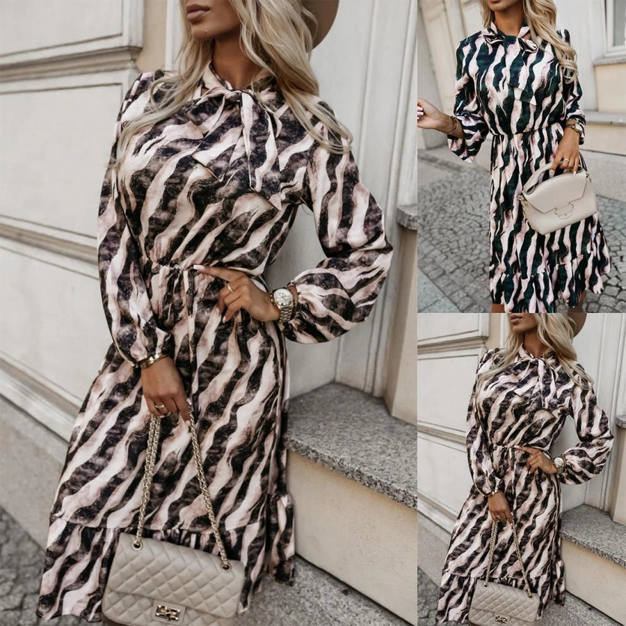 Women's Sheath Dress Streetwear Round Neck Long Sleeve Zebra Midi Dress Daily