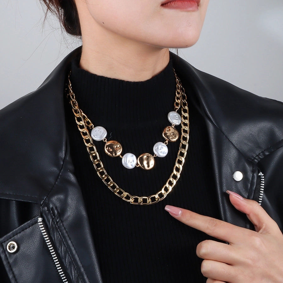 Retro Punk Geometric Alloy Beaded Chain Layered Necklaces