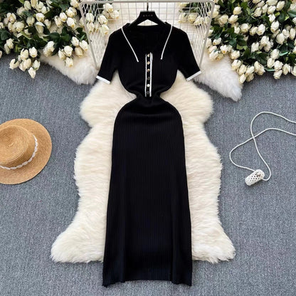 Women's Sheath Dress Elegant Turndown Short Sleeve Stripe Midi Dress Daily