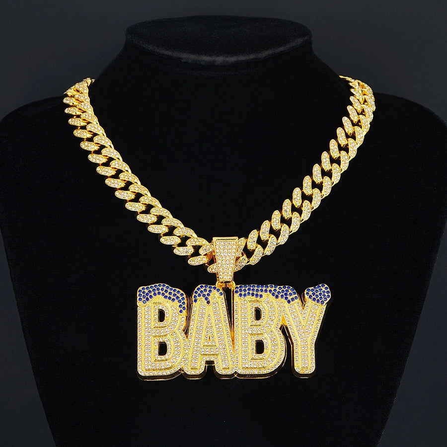 Cross-Border Hot Selling Men's Street Colorful Crystals English Letter Baby Pendant Rapper Hip Hop Cool Cuban Link Chain