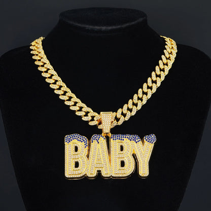 Cross-Border Hot Selling Men's Street Colorful Crystals English Letter Baby Pendant Rapper Hip Hop Cool Cuban Link Chain