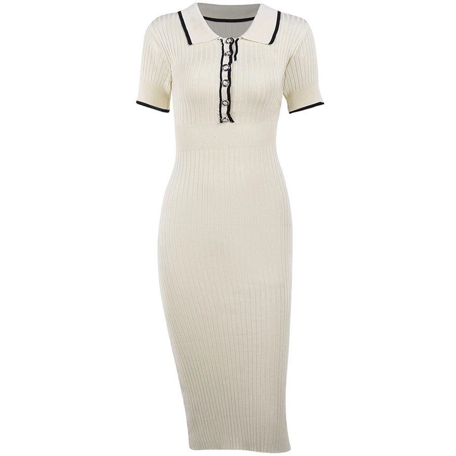 Women's Sheath Dress Elegant Turndown Short Sleeve Stripe Midi Dress Daily